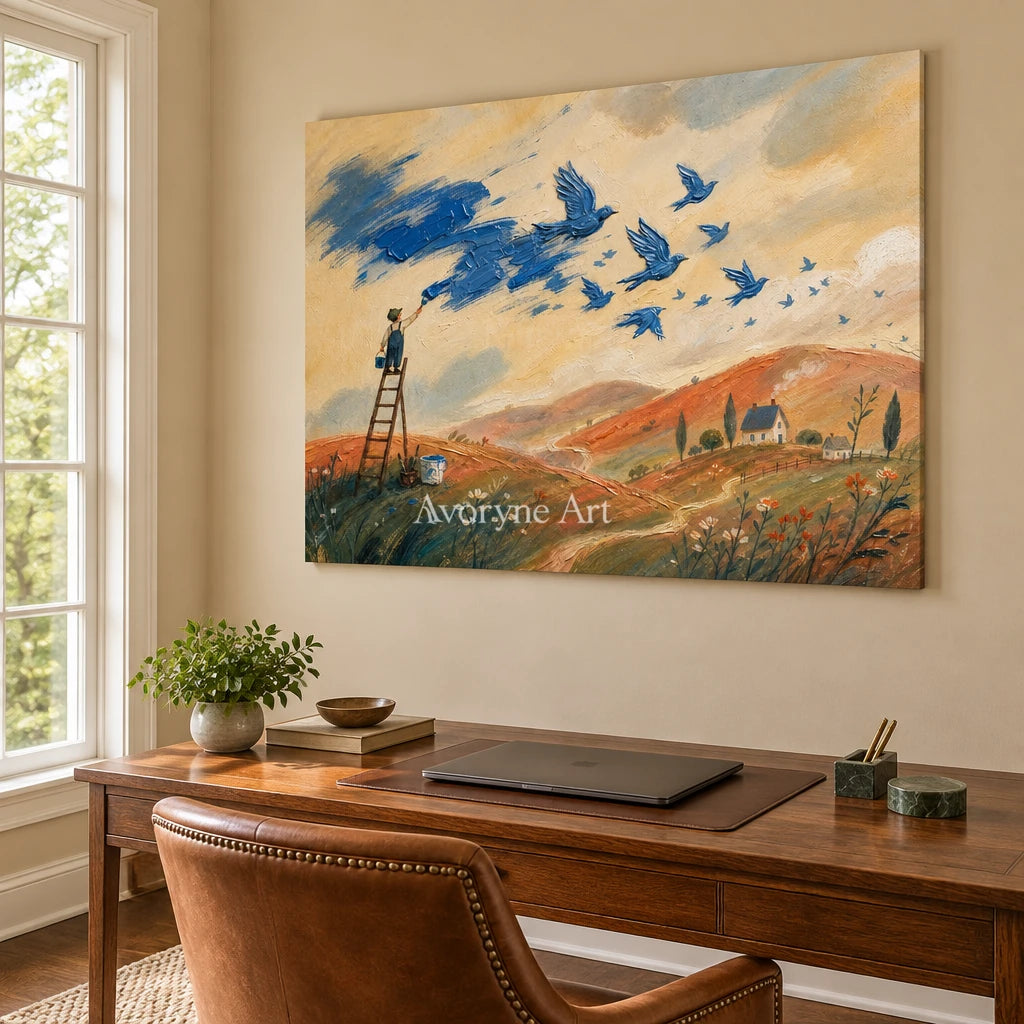 Blue Gesture dreamlike scene wall art as a frameless stretched canvas in a home office