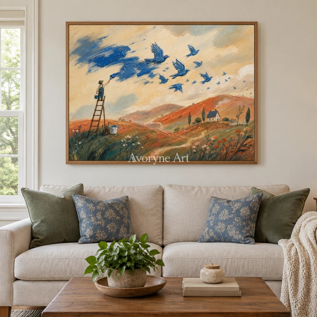 Blue Gesture dreamlike scene wall art with a wood frame in a villa living space