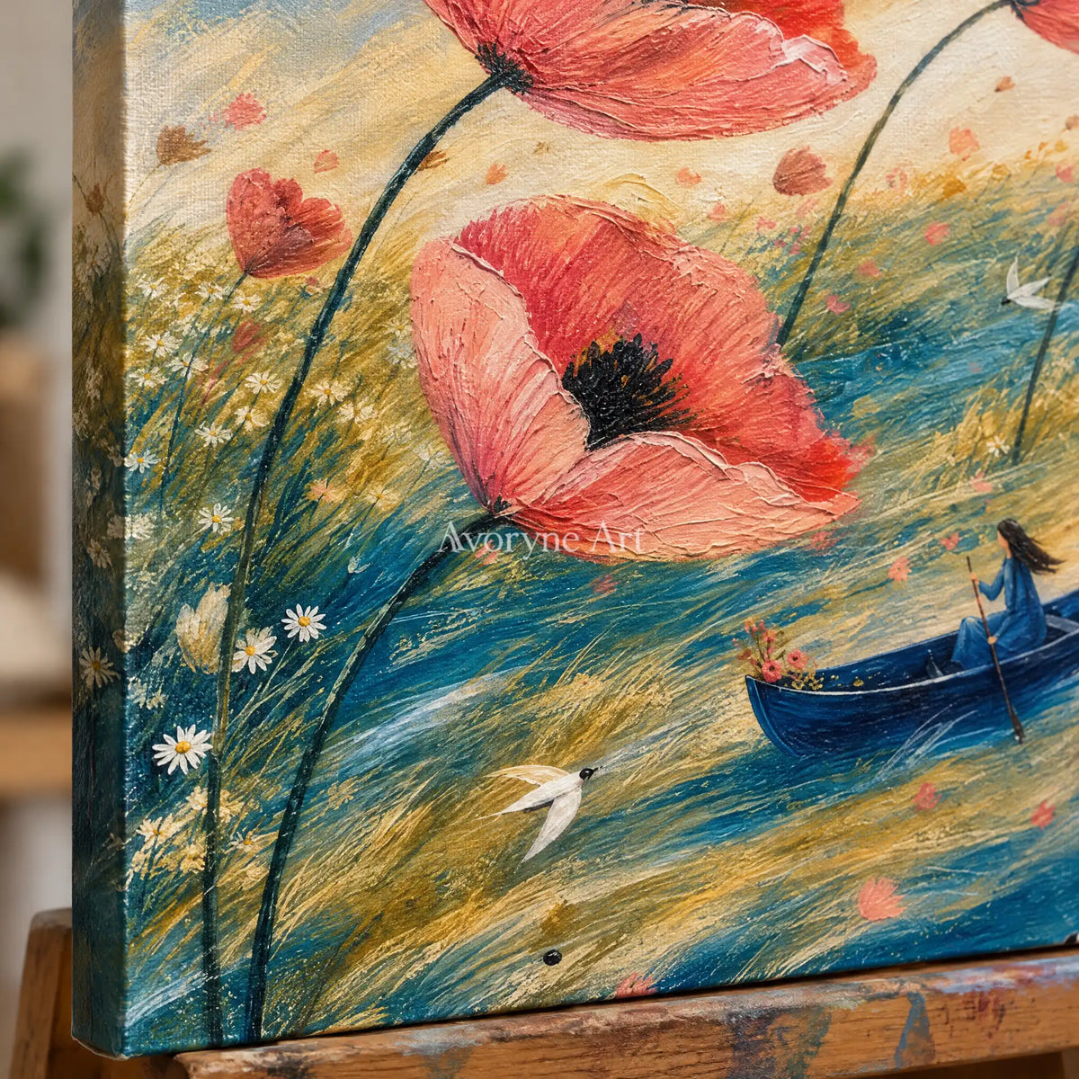 Close-up of the hand-painted texture of Blue Mosaic dreamlike scene wall art on an easel