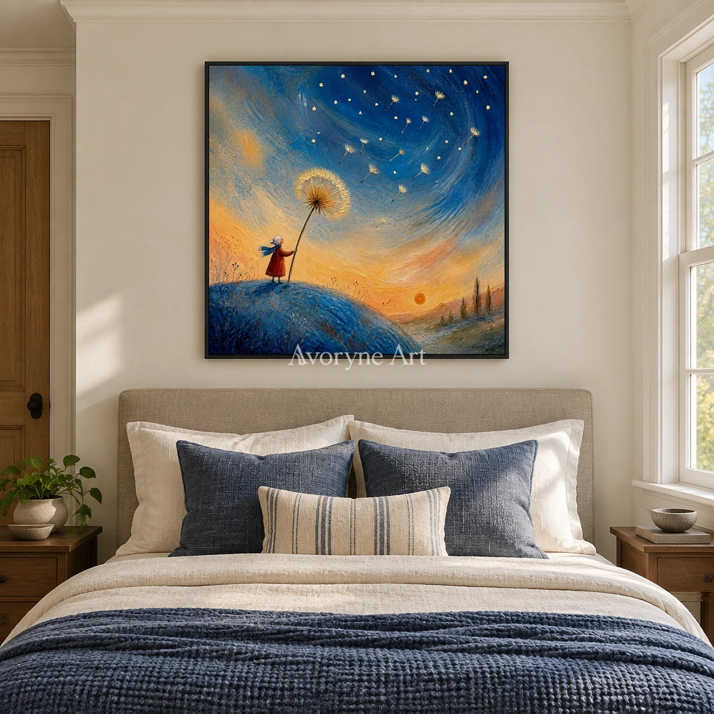 Blue Drift dreamlike scene wall art with a black frame above a bed in a bedroom