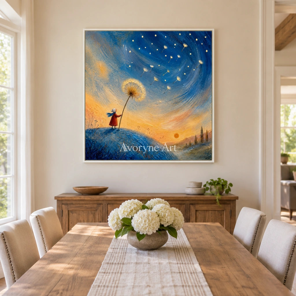 Blue Drift dreamlike scene wall art with a white frame in a dining room