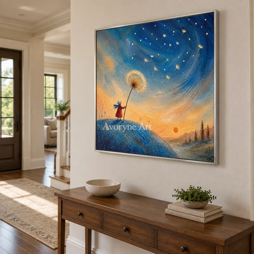 Blue Drift dreamlike scene wall art with a silver frame in an entryway