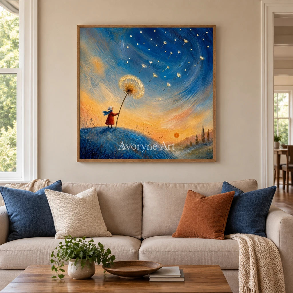Blue Drift dreamlike scene wall art with a wood frame in a villa living space