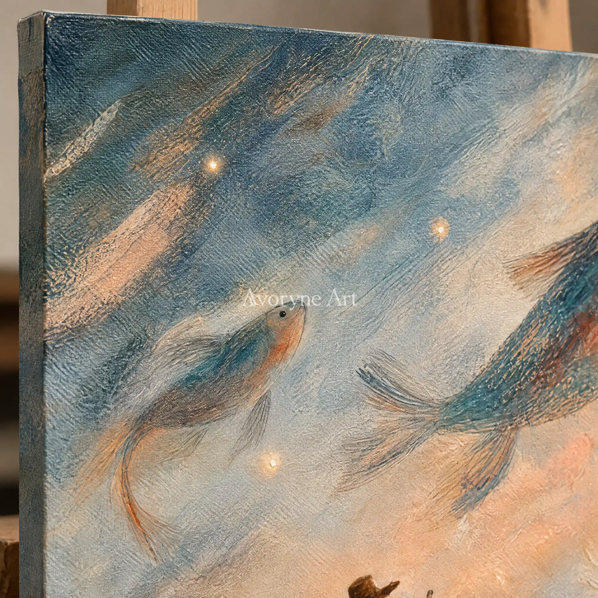 Close-up of the hand-painted texture of Blue Verse dreamlike scene wall art on an easel