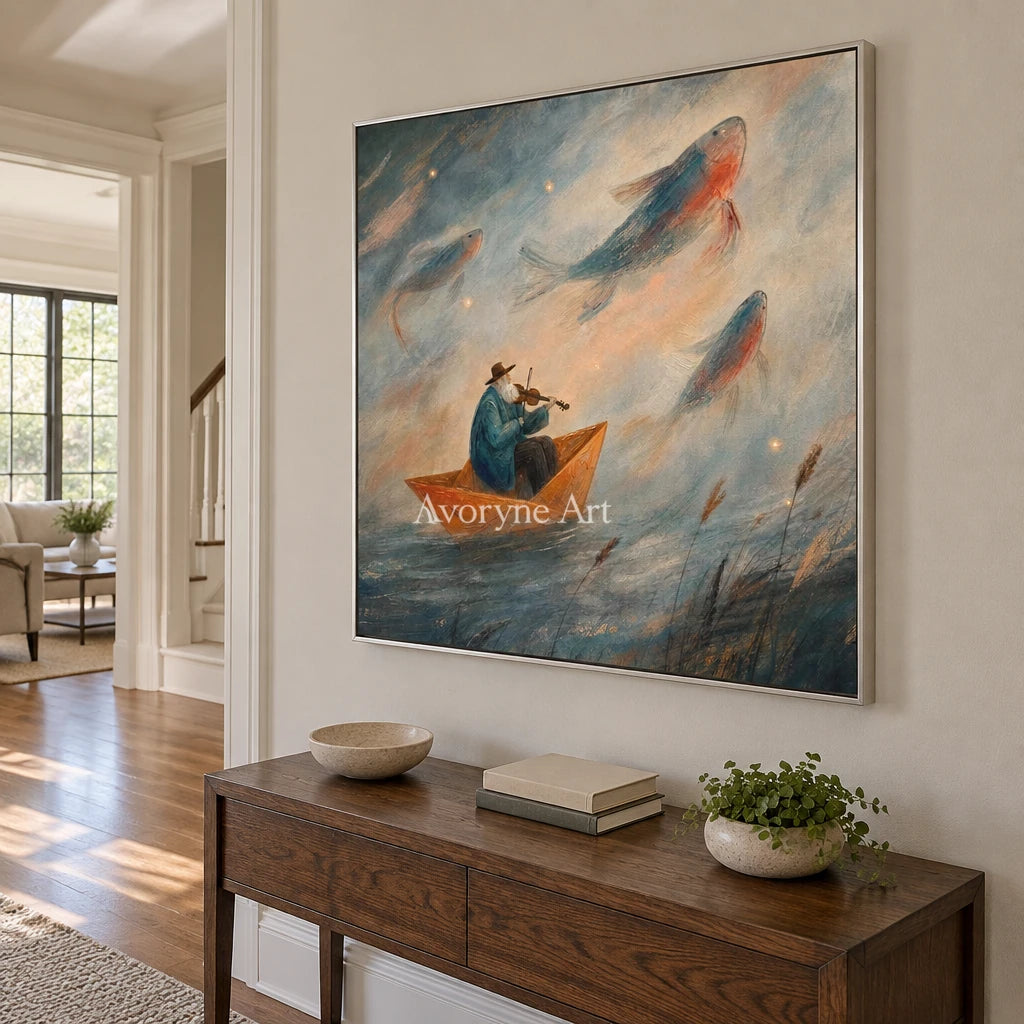 Blue Verse dreamlike scene wall art with a silver frame in an entryway
