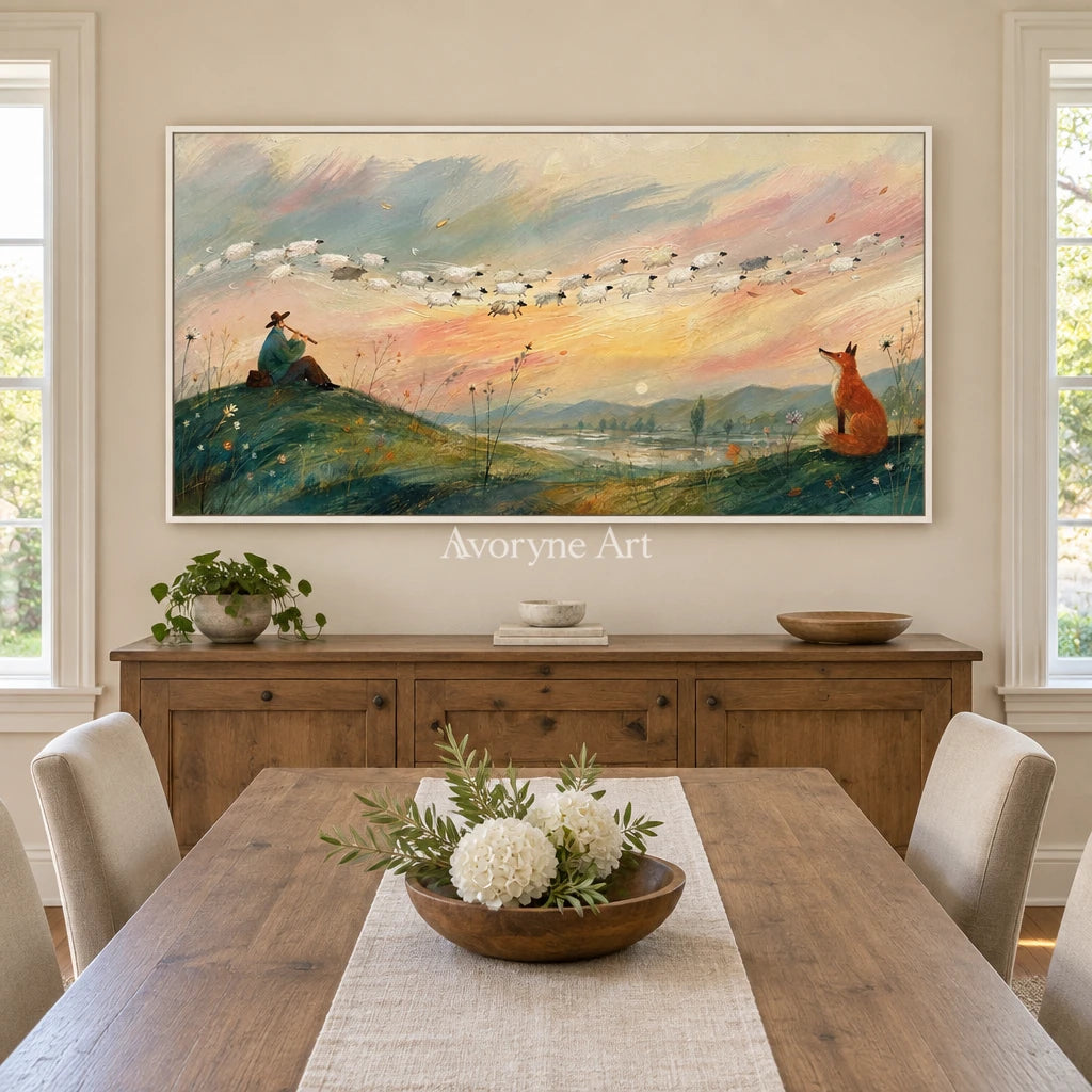 Blue Memory dreamlike scene wall art with a white frame in a dining room