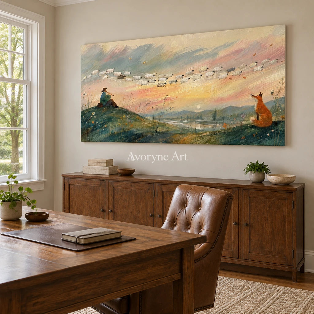 Blue Memory dreamlike scene wall art as a frameless stretched canvas in a home office