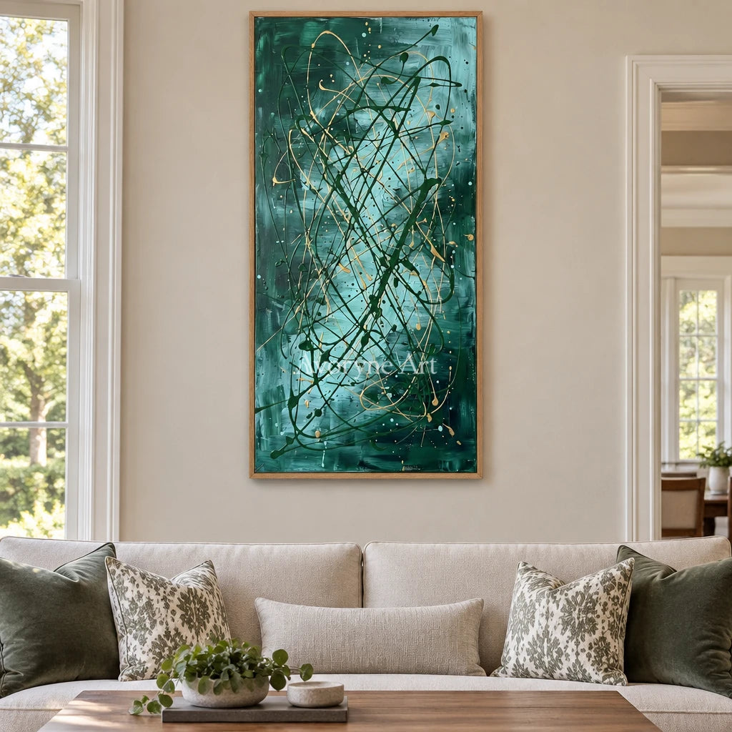 Golden Mosaic drip abstract wall art with a wood frame in a villa living space