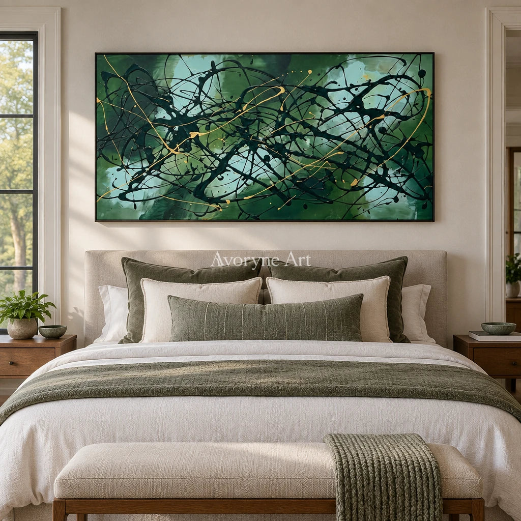 Golden Solace drip abstract wall art with a black frame above a bed in a bedroom