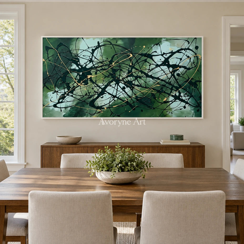 Golden Solace drip abstract wall art with a white frame in a dining room