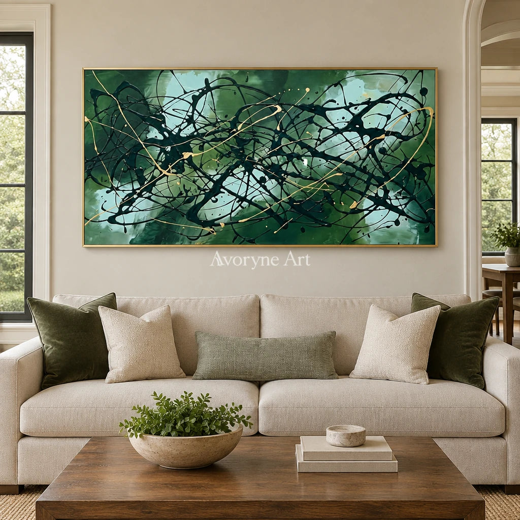 Golden Solace drip abstract wall art with a gold frame hanging in a living room