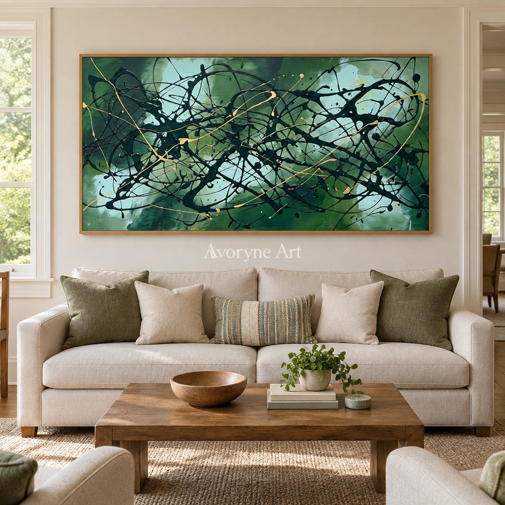 Golden Solace drip abstract wall art with a wood frame in a villa living space