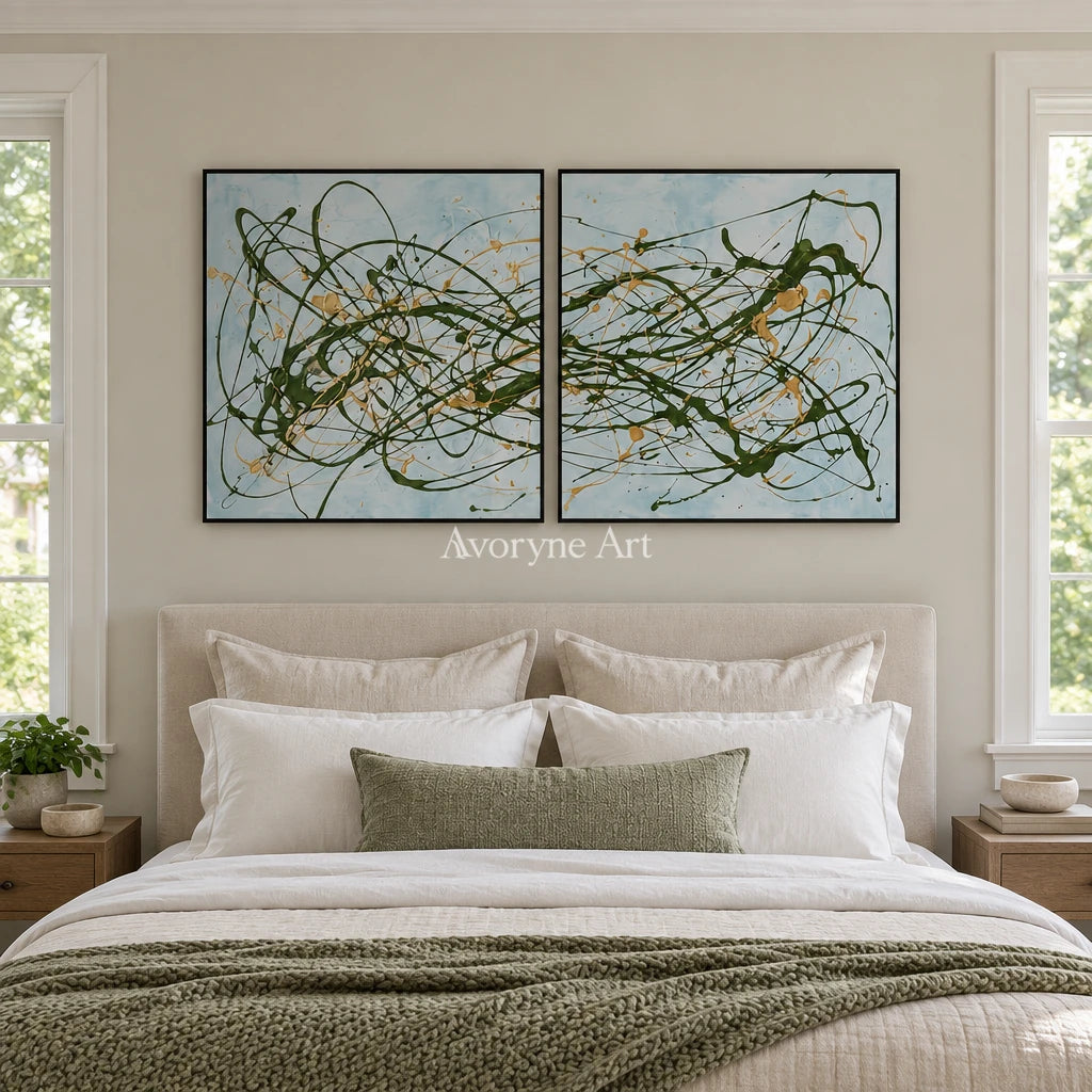Golden Rhythm drip abstract diptych with a black frame above a bed in a bedroom
