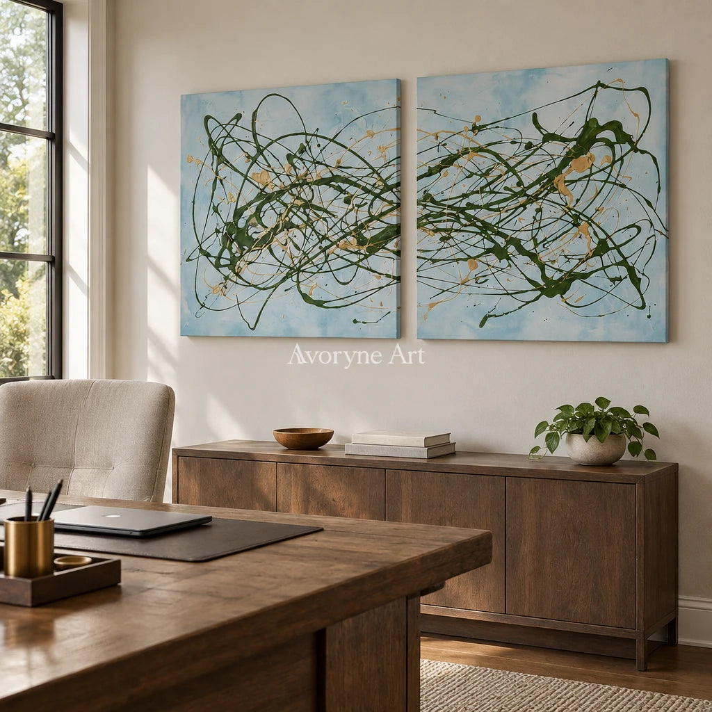 Golden Rhythm drip abstract diptych as a frameless stretched canvas in a home office
