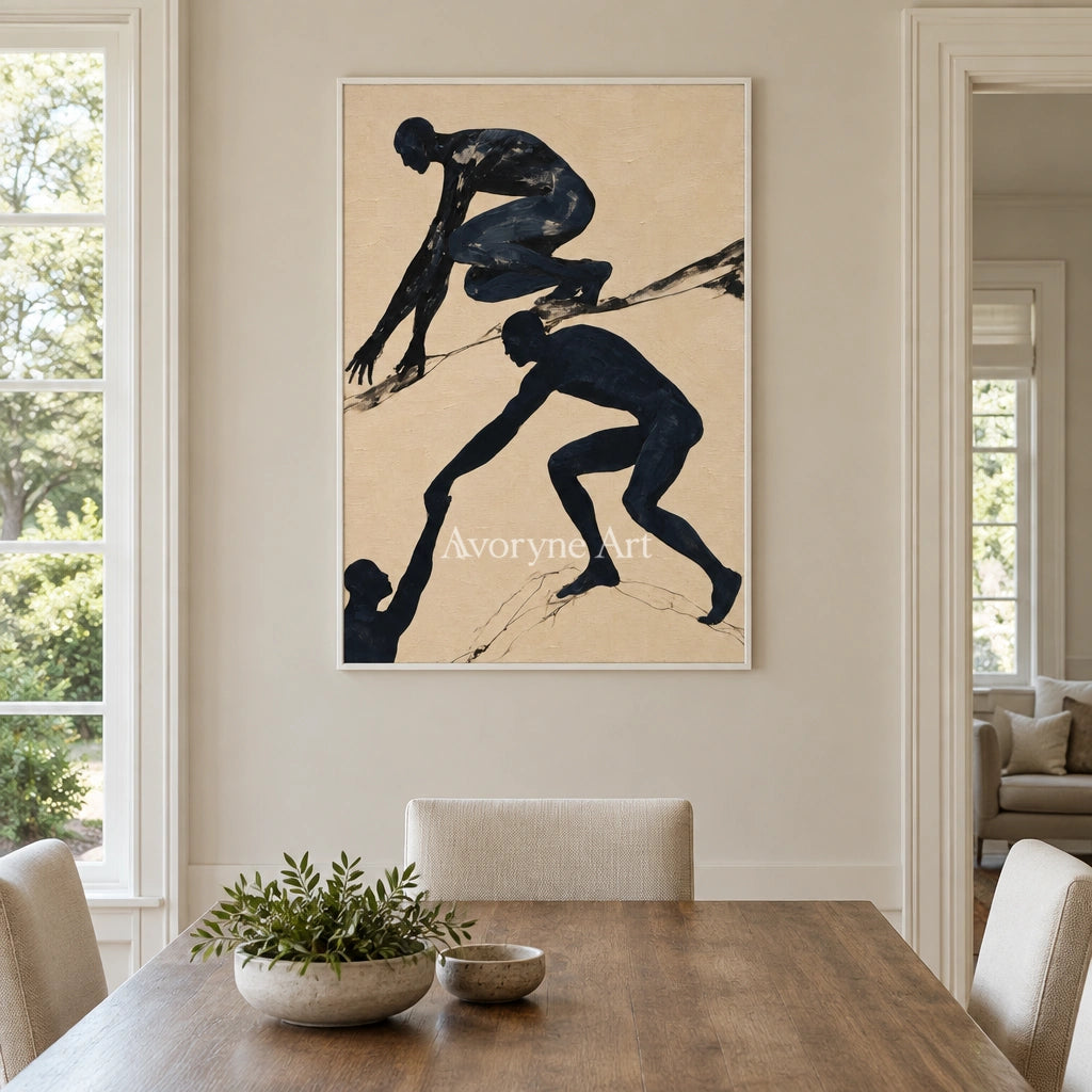 Lucent Horizon dynamic figure wall art with a white frame in a dining room