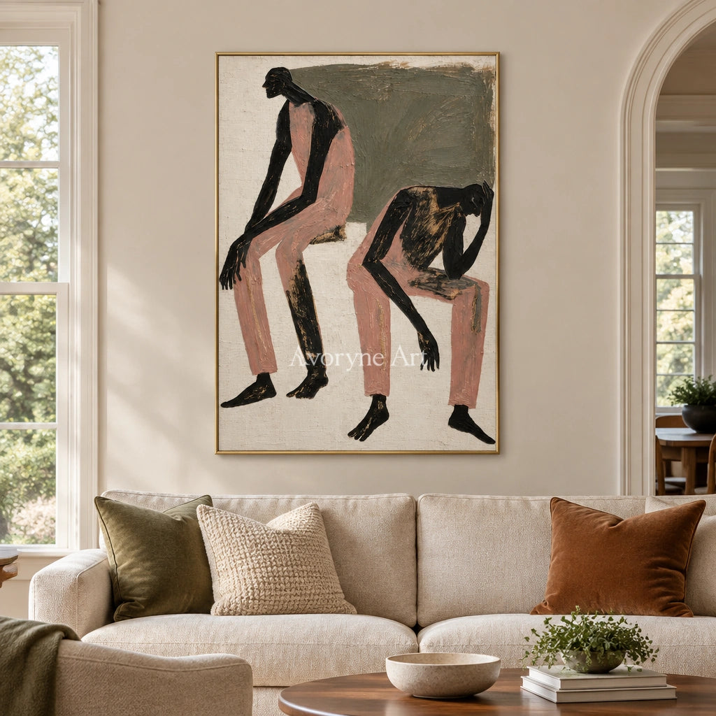 Lucent Gesture dynamic figure wall art with a gold frame hanging in a living room