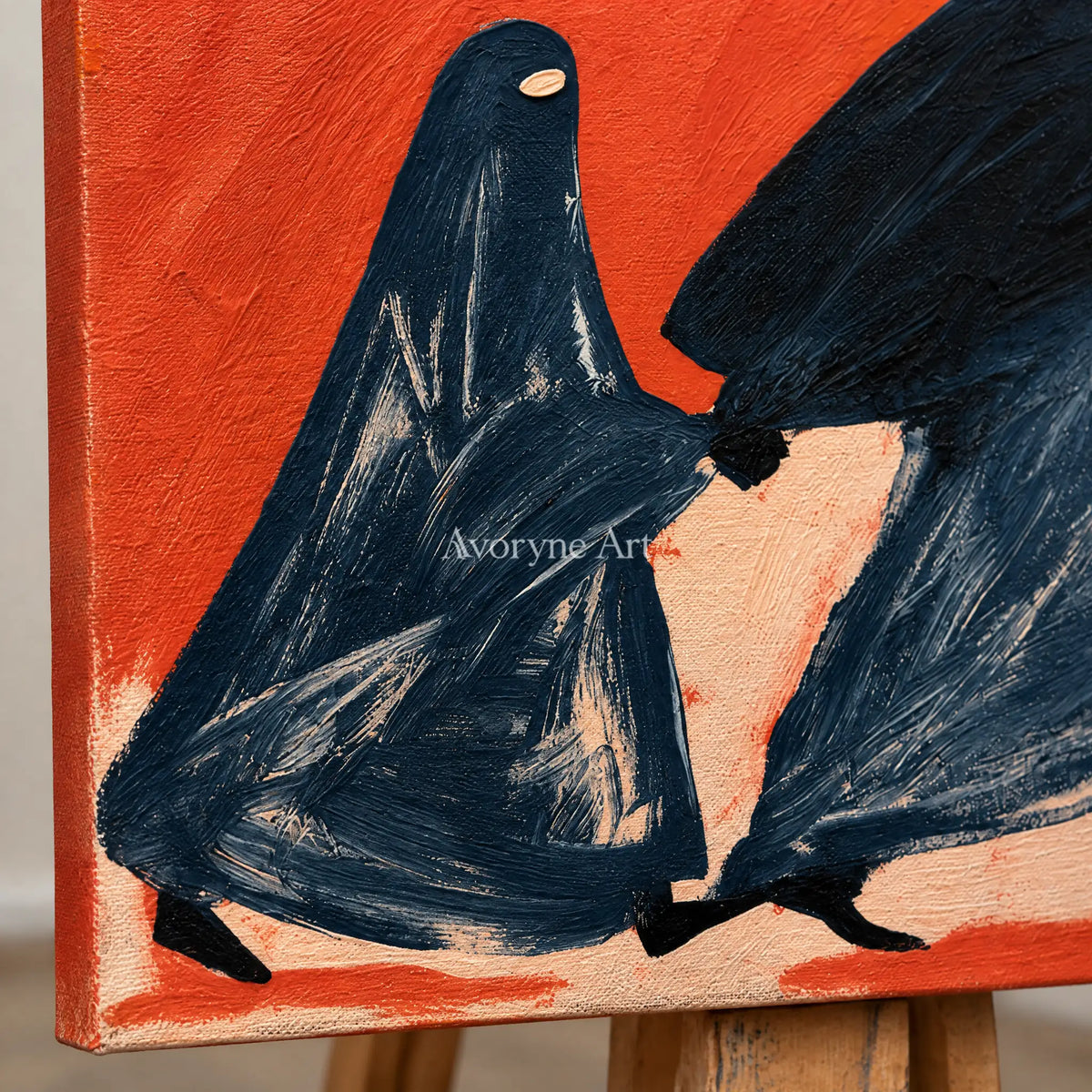 Close-up of the hand-painted texture of Lucent Verse dynamic figure wall art on an easel