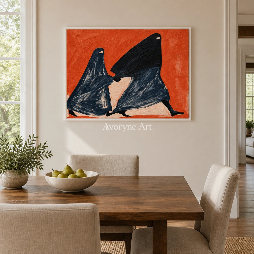 Lucent Verse dynamic figure wall art with a white frame in a dining room