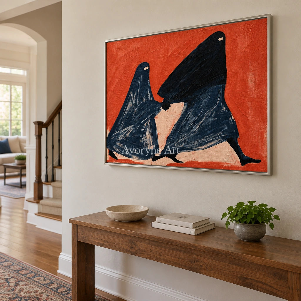 Lucent Verse dynamic figure wall art with a silver frame in an entryway