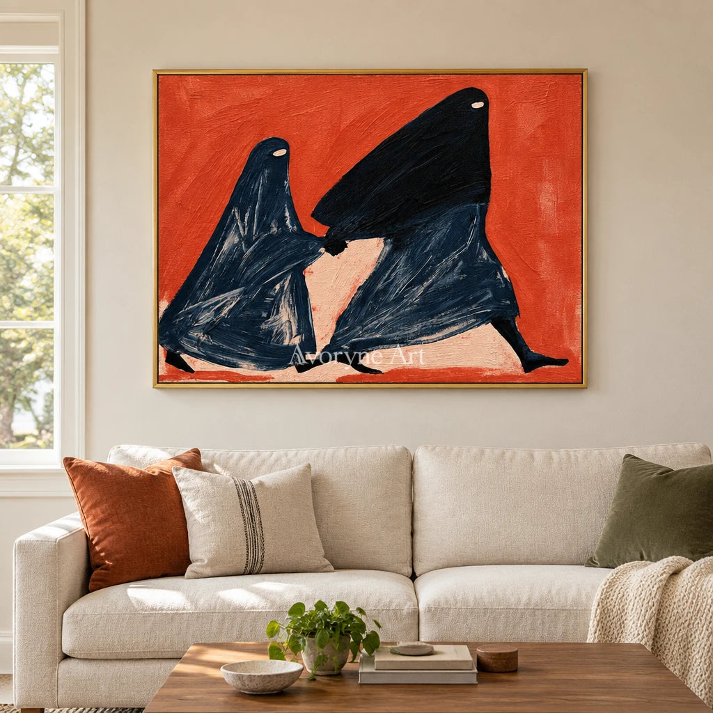 Lucent Verse dynamic figure wall art with a gold frame hanging in a living room