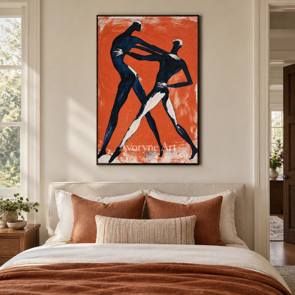 Lucent Memory dynamic figure wall art with a black frame above a bed in a bedroom