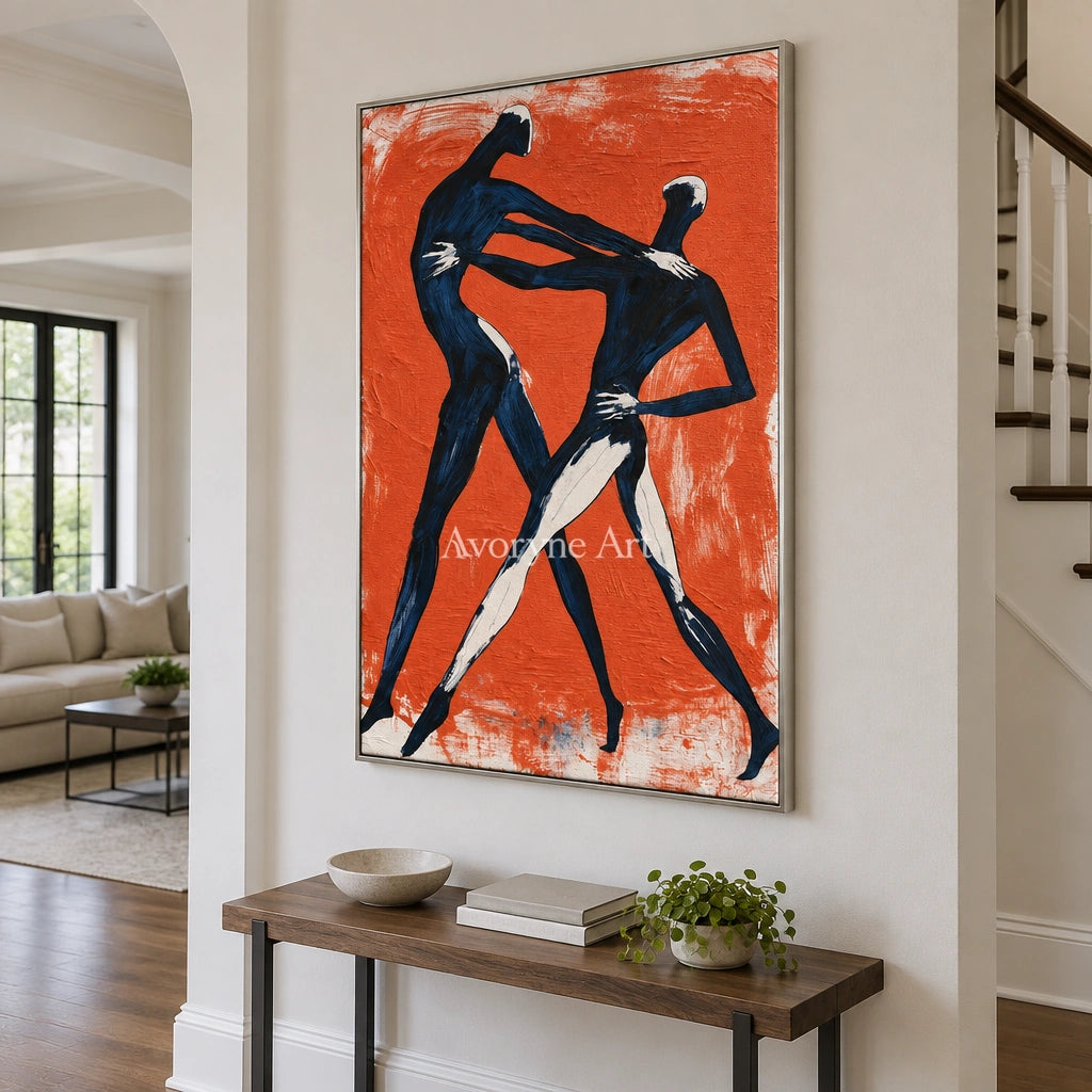 Lucent Memory dynamic figure wall art with a silver frame in an entryway