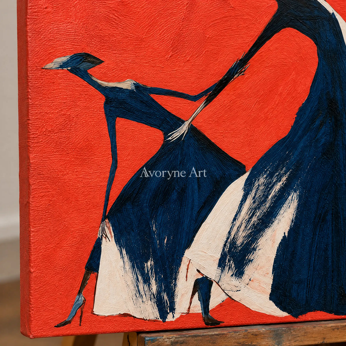 Close-up of the hand-painted texture of Lucent Prelude dynamic figure wall art on an easel
