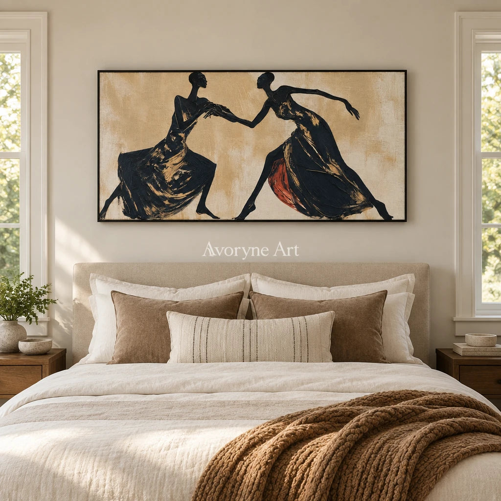 Lucent Trace dynamic figure wall art with a black frame above a bed in a bedroom