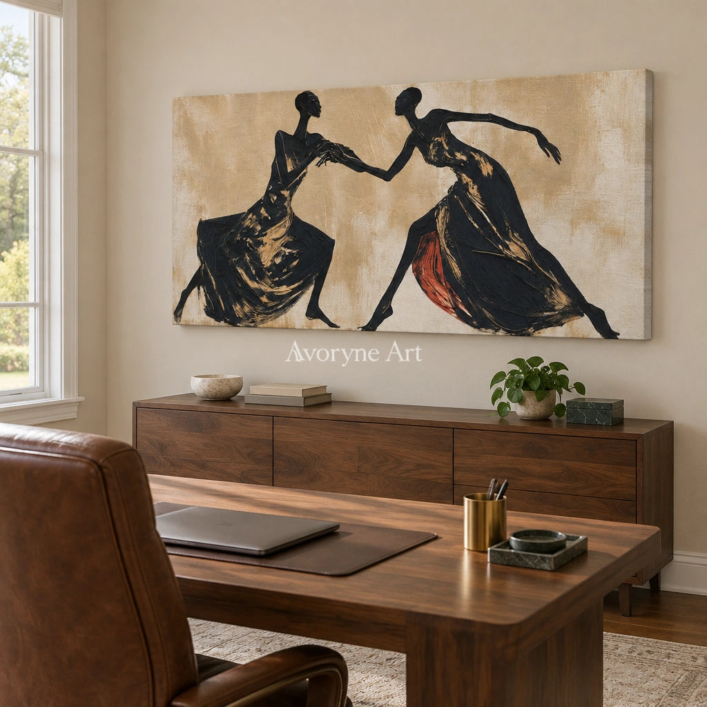 Lucent Trace dynamic figure wall art as a frameless stretched canvas in a home office