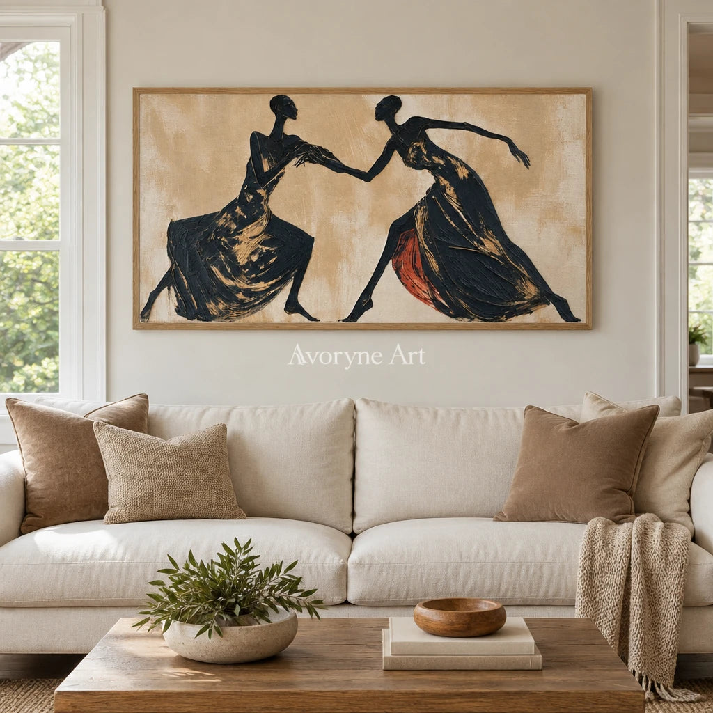Lucent Trace dynamic figure wall art with a wood frame in a villa living space
