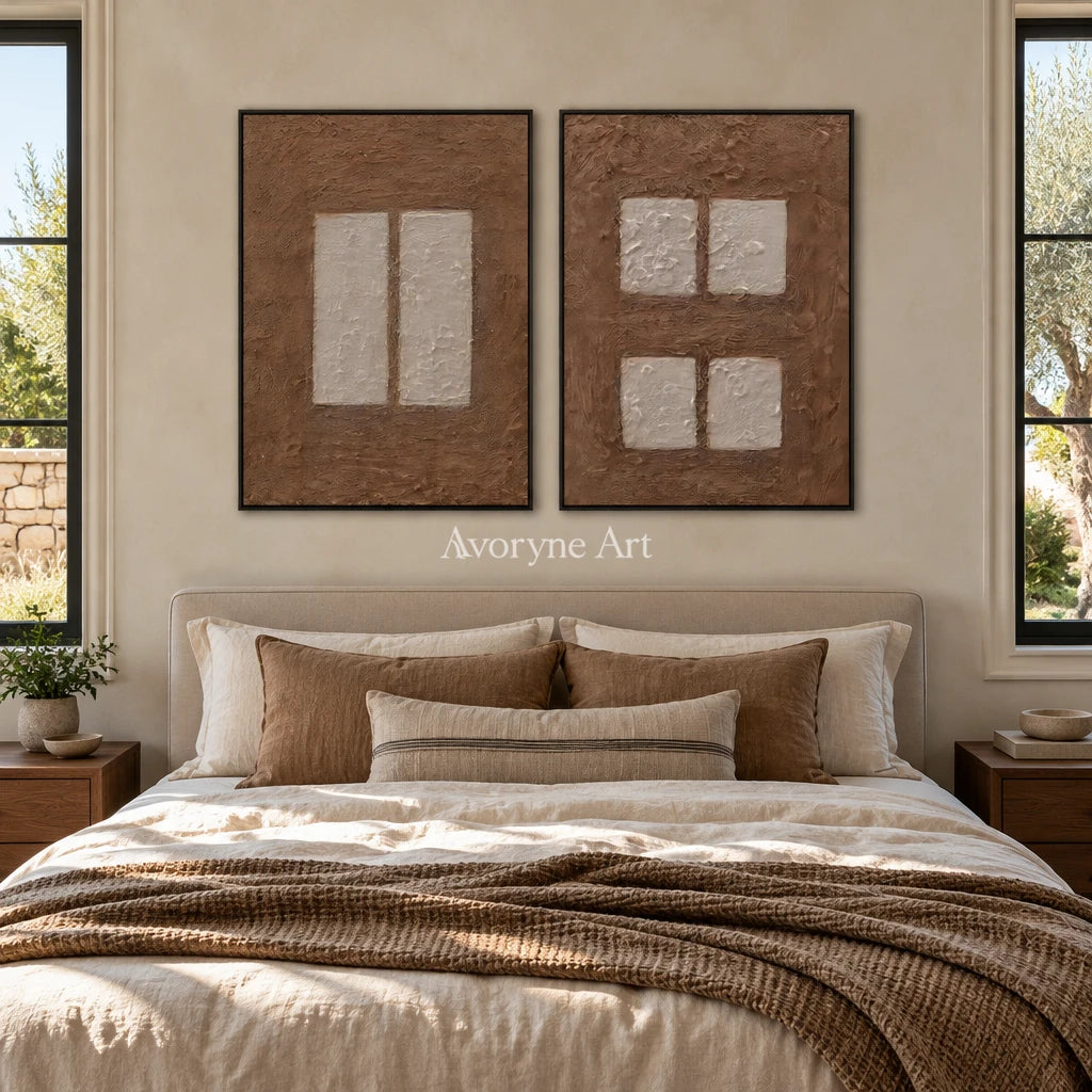 Warm Refrain earth block relief diptych with a black frame above a bed in a bedroom