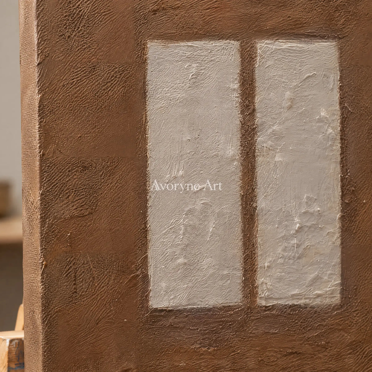 Close-up of the hand-painted texture of Warm Refrain earth block relief diptych on an easel