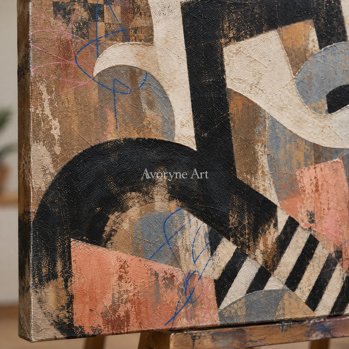 Close-up of the hand-painted texture of Woven Drift earth geometric art on an easel