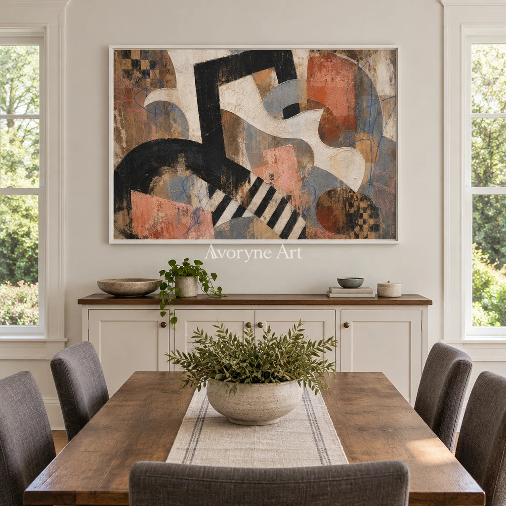 Woven Drift earth geometric art with a white frame in a dining room