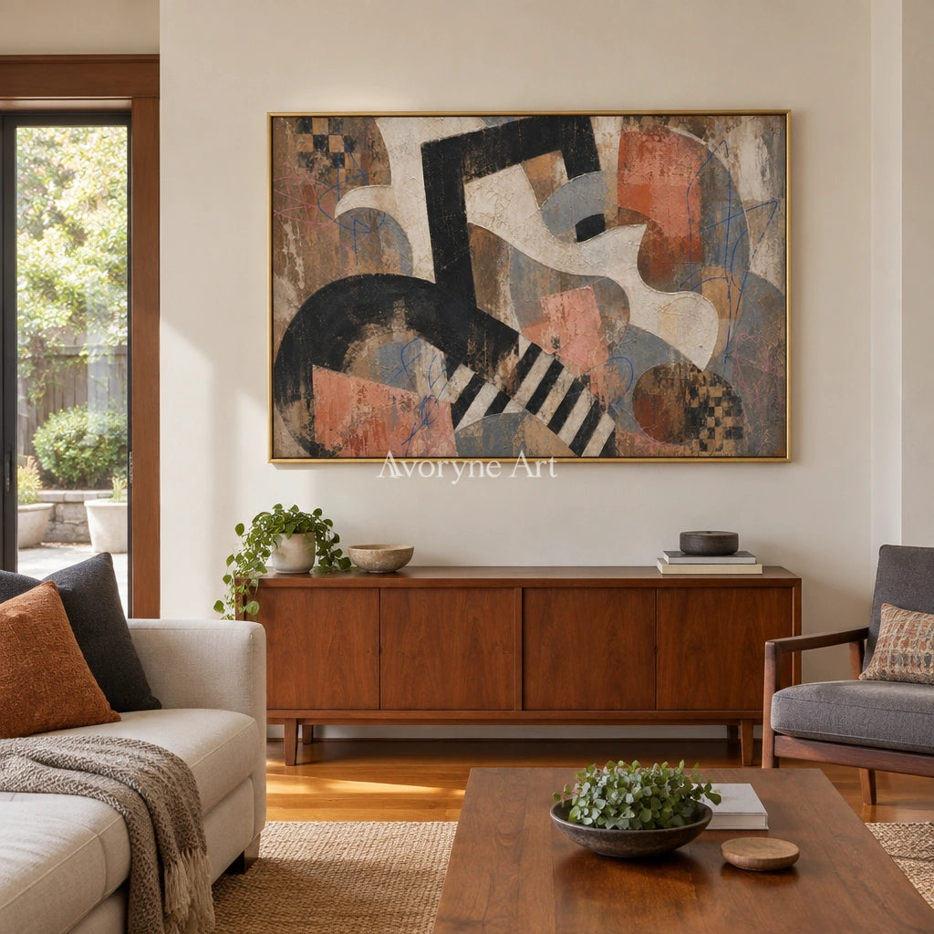 Woven Drift earth geometric art with a gold frame hanging in a living room