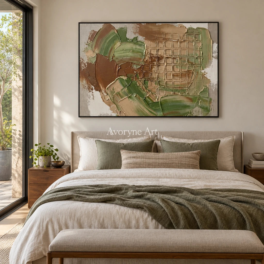 Misted Reverie earth grid relief wall art with a black frame above a bed in a bedroom