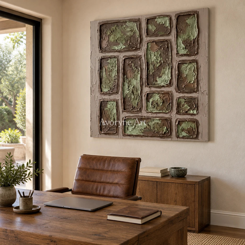 Misted Sonata earth grid relief wall art as a frameless stretched canvas in a home office