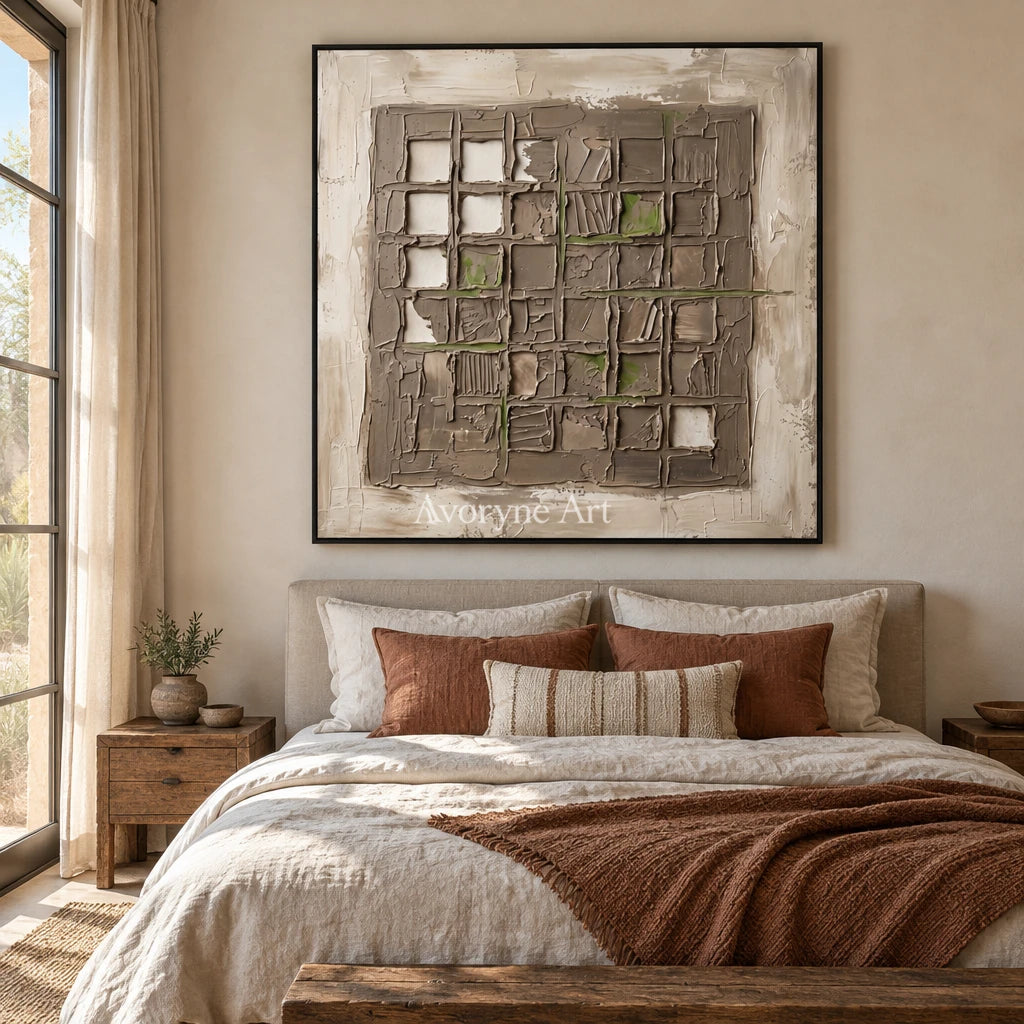 Weathered Horizon earth grid relief wall art with a black frame above a bed in a bedroom