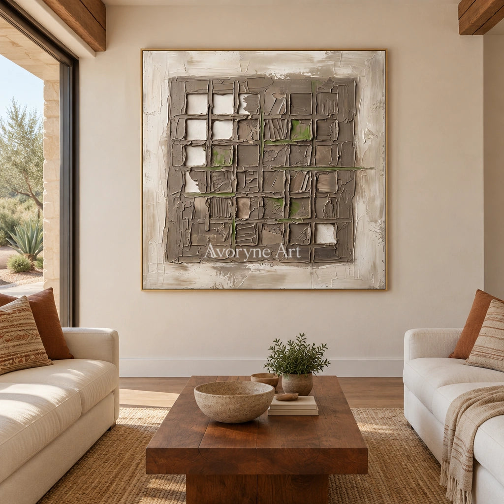 Weathered Horizon earth grid relief wall art with a gold frame hanging in a living room