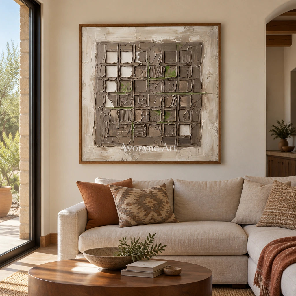 Weathered Horizon earth grid relief wall art with a wood frame in a villa living space
