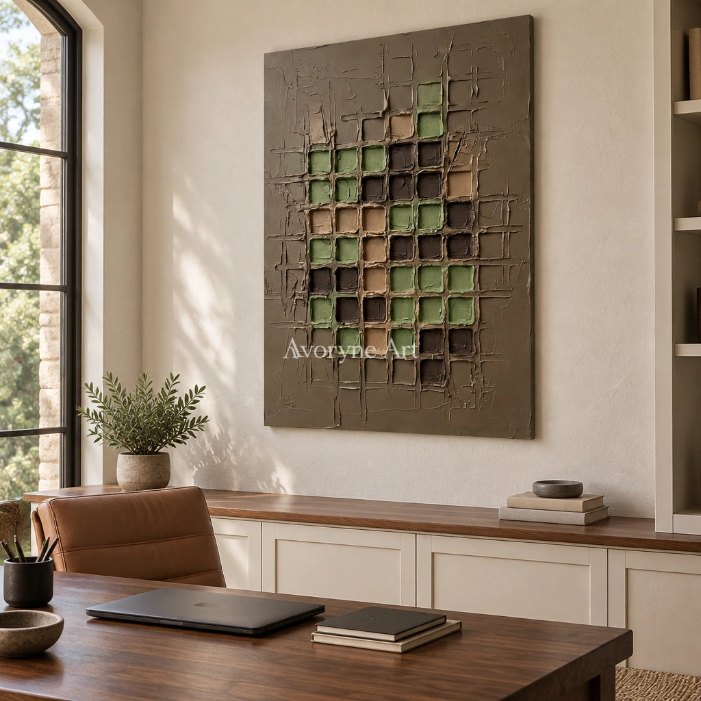 Weathered Verse earth grid relief wall art as a frameless stretched canvas in a home office