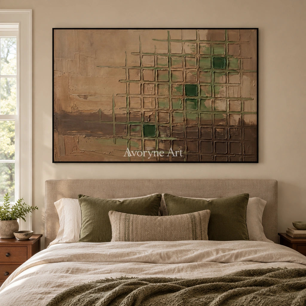 Earthen Horizon earth grid relief wall art with a black frame above a bed in a bedroom