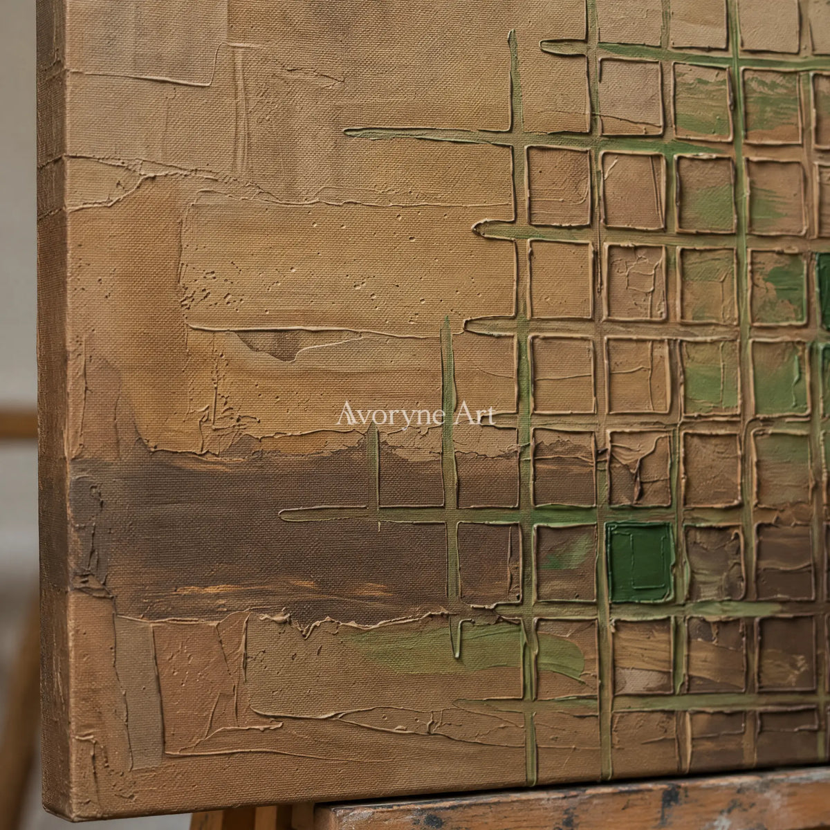 Close-up of the hand-painted texture of Earthen Horizon earth grid relief wall art on an easel