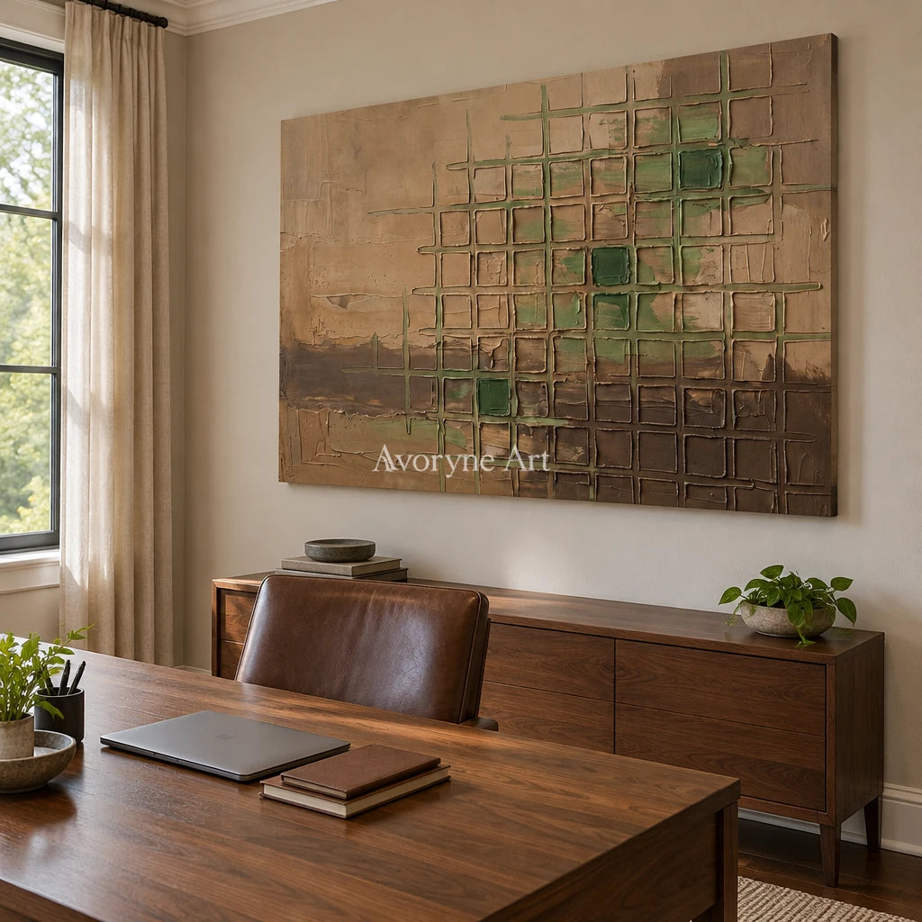Earthen Horizon earth grid relief wall art as a frameless stretched canvas in a home office