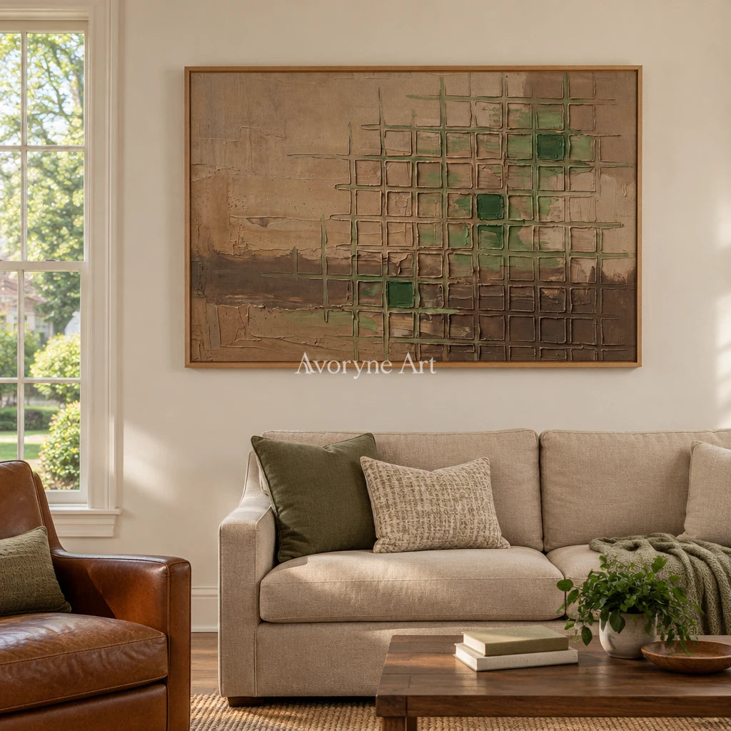 Earthen Horizon earth grid relief wall art with a wood frame in a villa living space