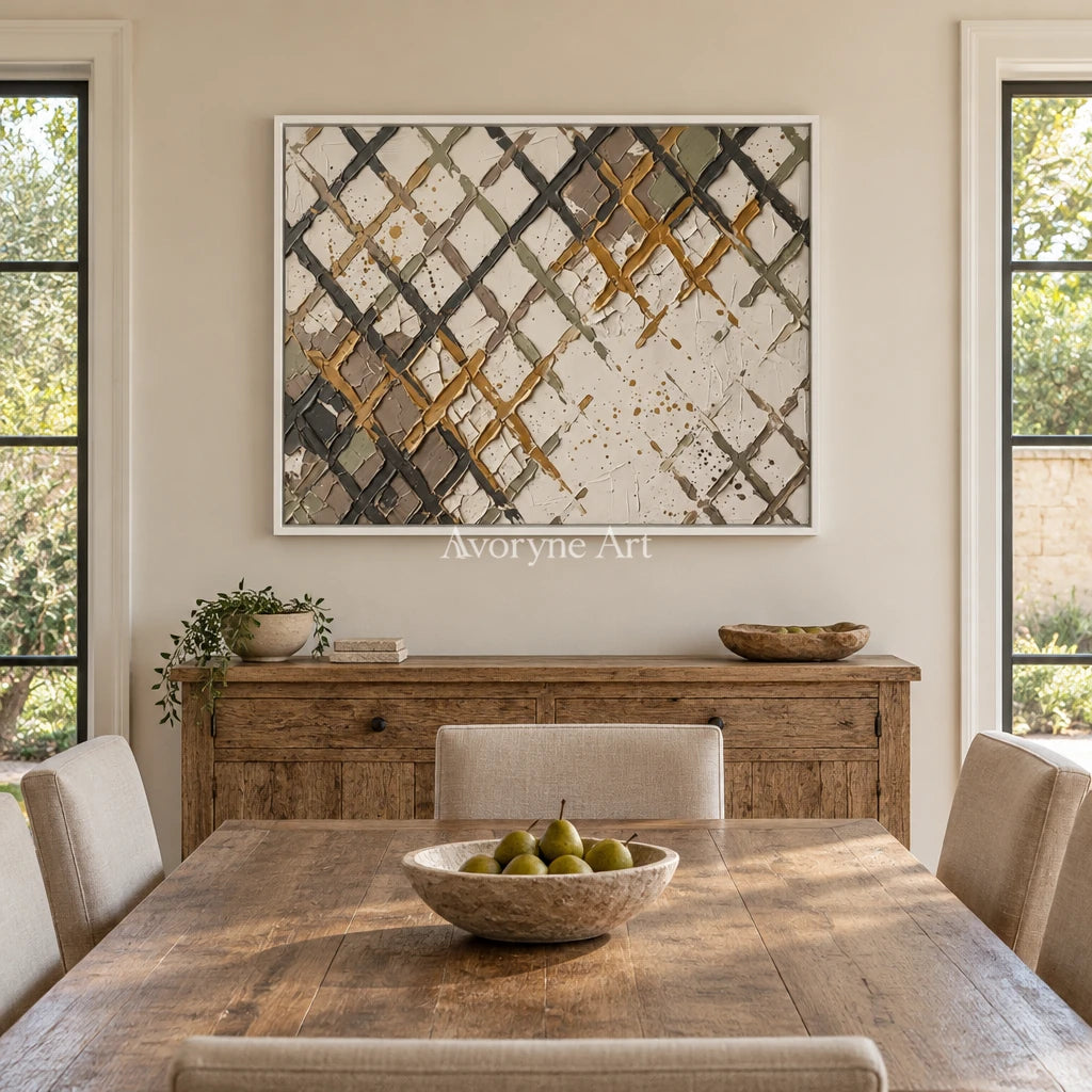 Earthen Measure earth grid texture wall art with a white frame in a dining room