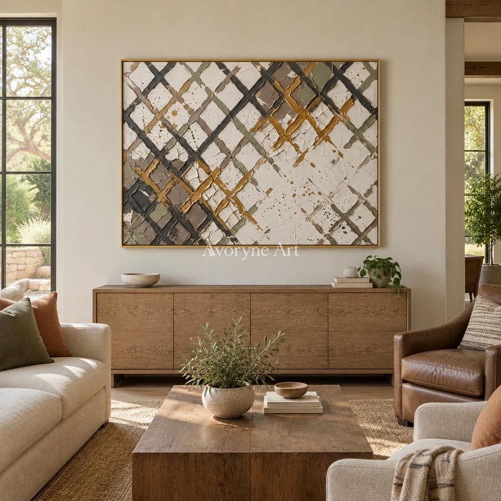 Earthen Measure earth grid texture wall art with a gold frame hanging in a living room