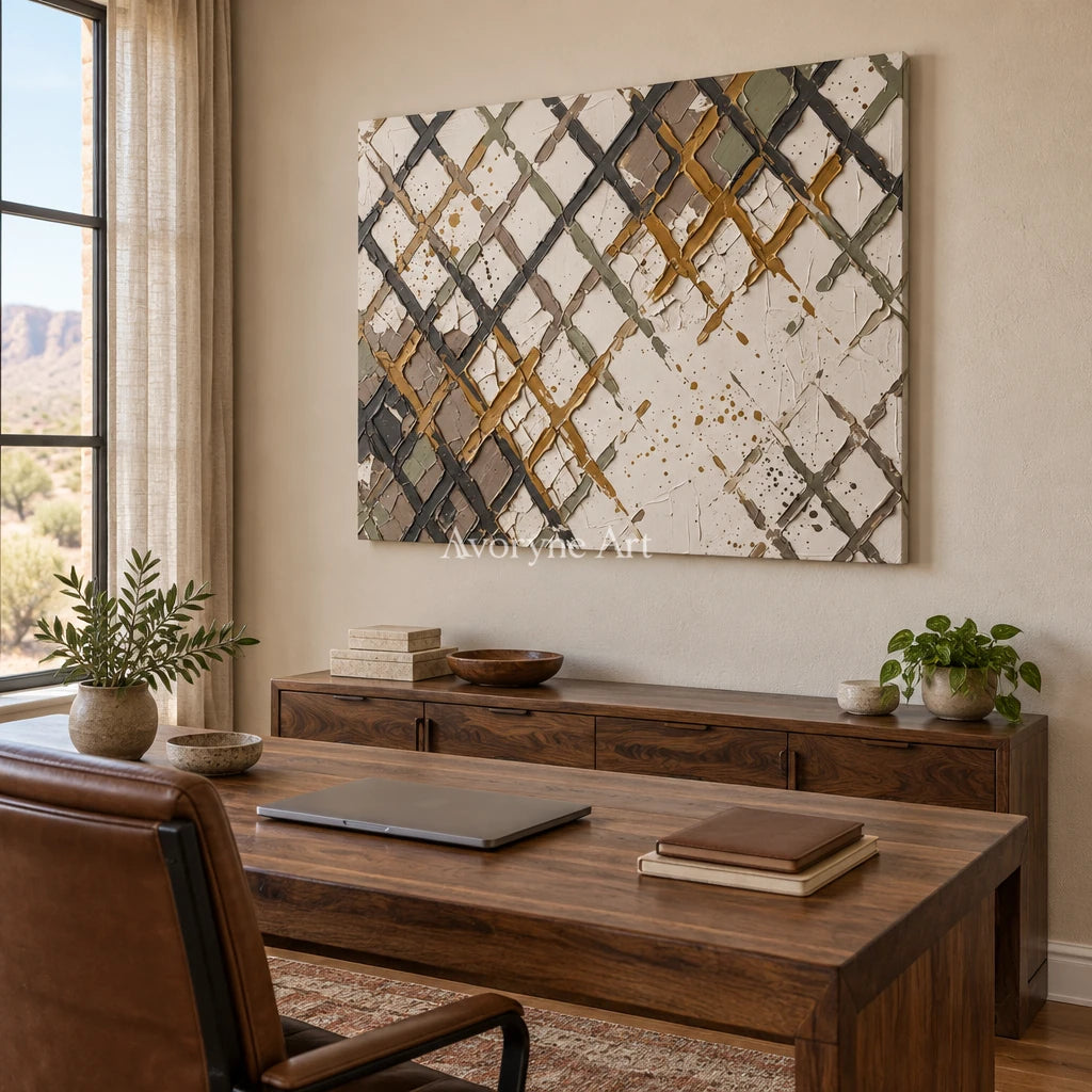 Earthen Measure earth grid texture wall art as a frameless stretched canvas in a home office