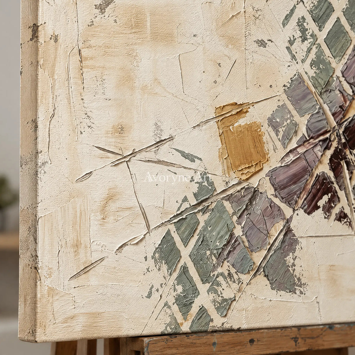Close-up of the hand-painted texture of Earthen Gesture earth grid texture wall art on an easel
