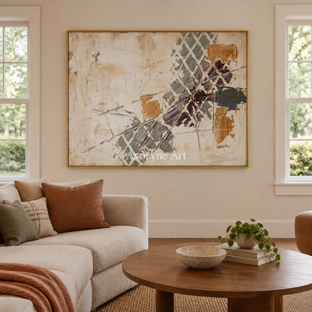 Earthen Gesture earth grid texture wall art with a gold frame hanging in a living room